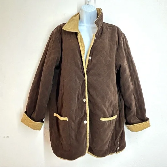 Denim&Co Vtg 90s Barn Jacket Reversible Brown Quilted and Tan Corduroy Size L - Picture 4 of 11